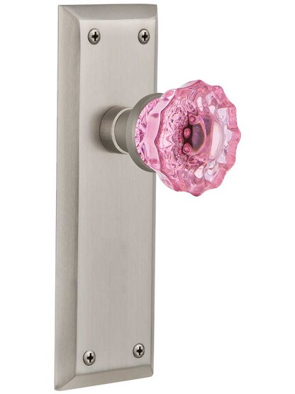 New York Door Set with Colored Fluted Crystal Glass Knobs Pink in Satin Nickel.